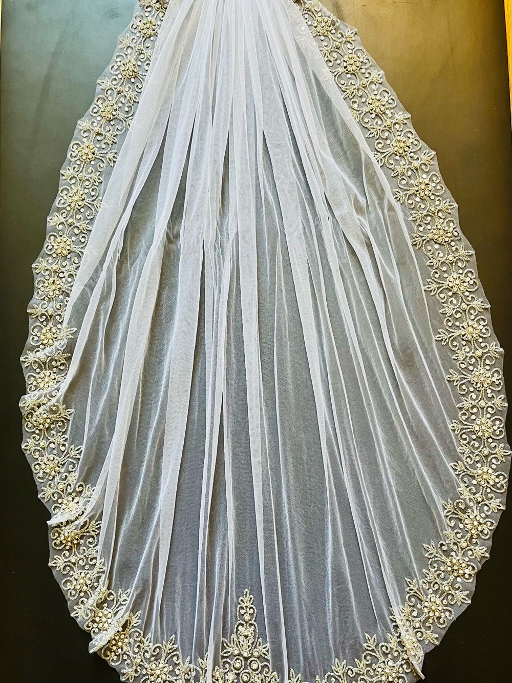 Ivory Custom Bridal Veil with Silver Seed Beaded Lace Trim